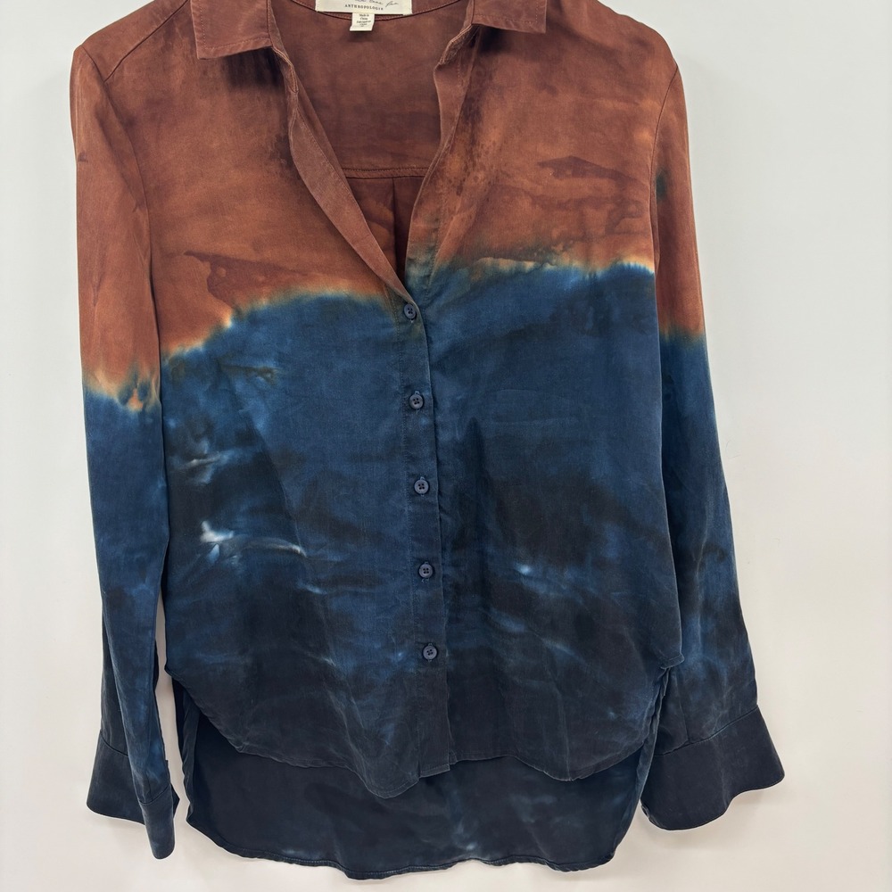 Cloth & Stone Button Down Women Small Brown Blue Ombre Dip Dye Tencel Shirt